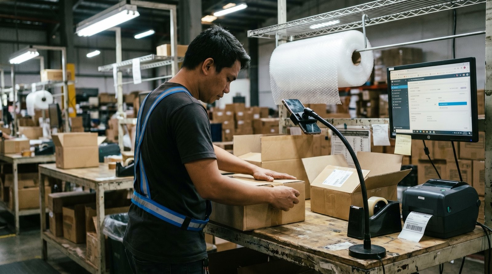 An Inspire operator sealing an order at the packing bench while a phone on a stand records it as photo and video evidence