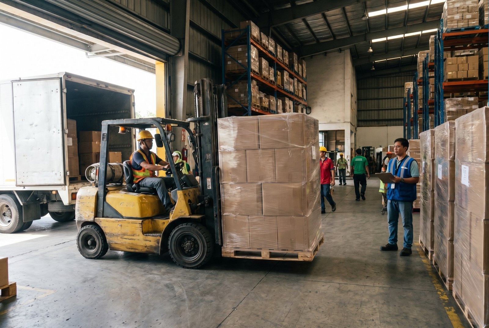 A forklift loading a palletized bulk order at an Inspire dock for retail and distributor delivery