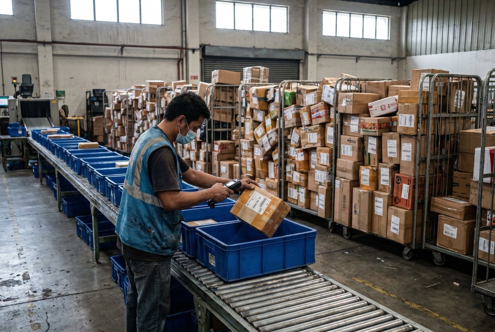 An Inspire operator scanning and sorting individual e-commerce parcels for direct-to-consumer delivery
