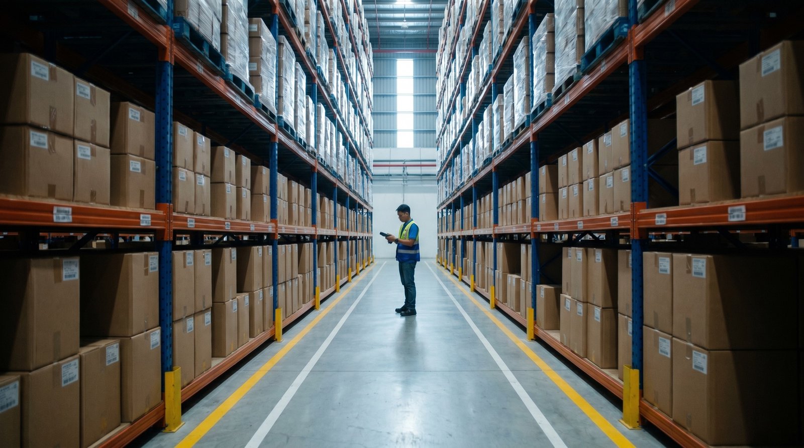 A long aisle of organized racking inside an Inspire warehouse facility