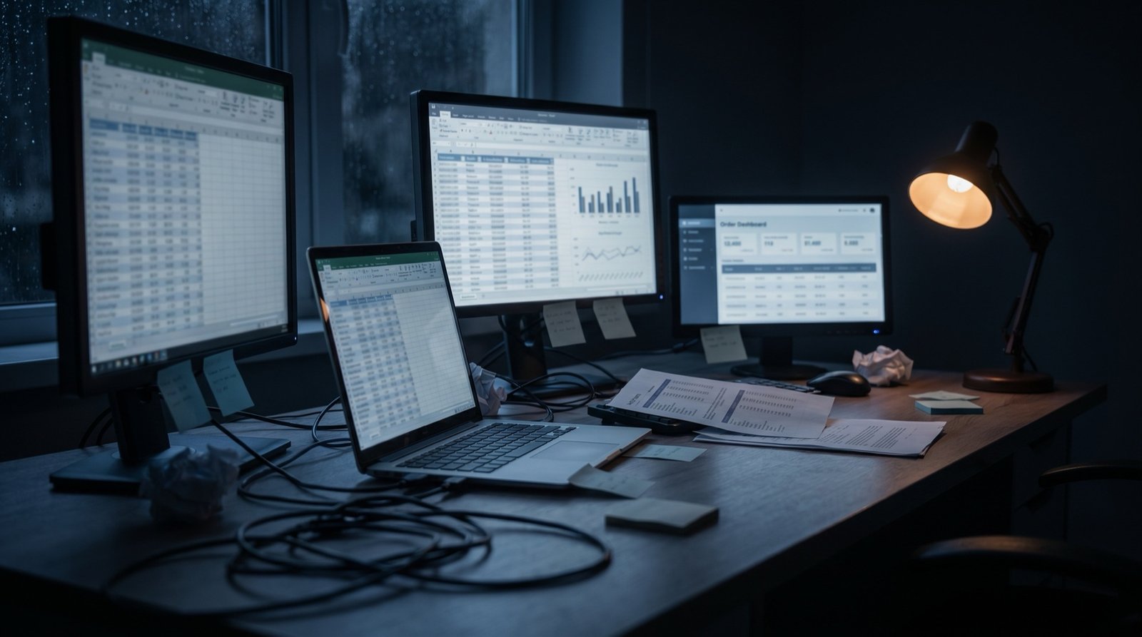 Several mismatched screens and spreadsheets that don't agree with each other, representing fragmented operations