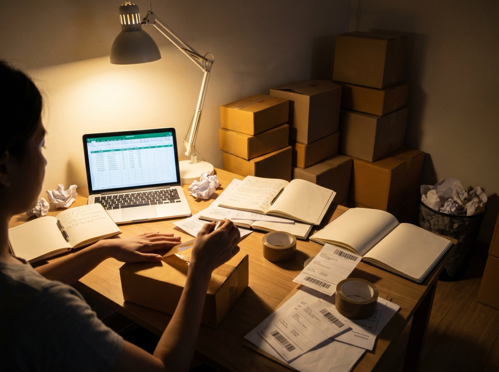 A late-night home-office desk in the early days of the business, packing orders by hand before any system existed