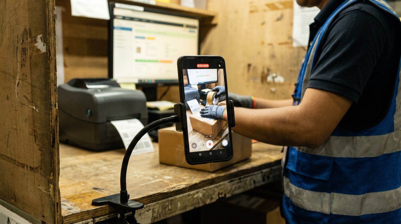 A phone on a stand at an Inspire packing bench recording an order as it is packed, the live capture visible on its screen