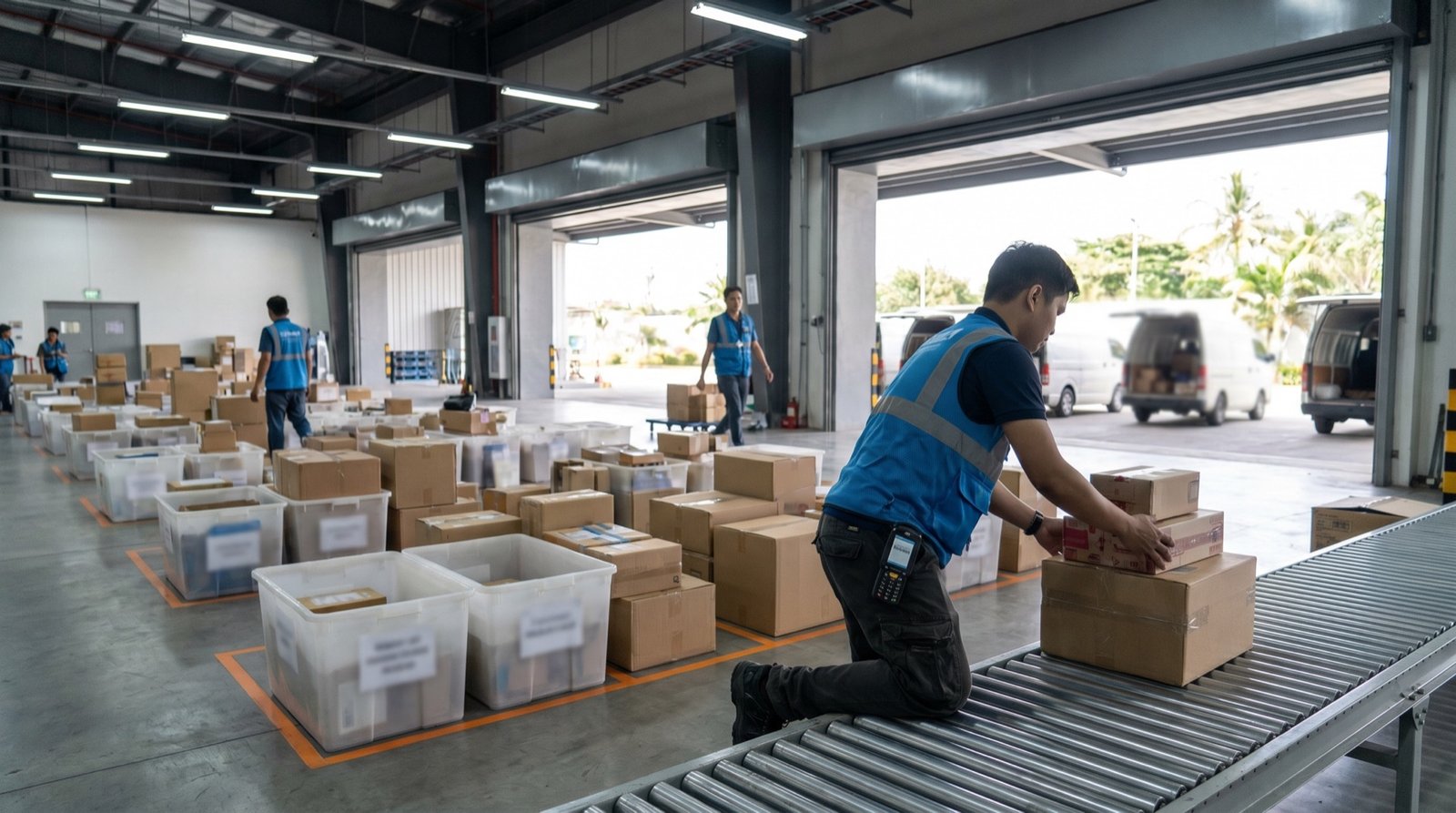 Outbound parcels staged in labeled zones, ready for courier pickup