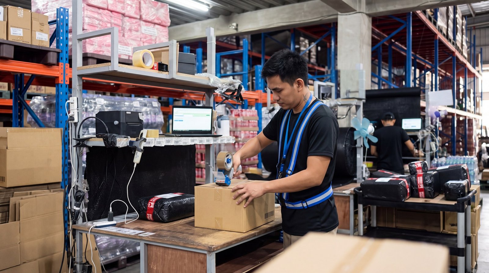 Warehouse packer sealing an order carton at a packing station
